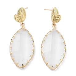 Golden Brass Leaf Dangle Stud Earrings, Glass Drop Earrings, Golden, 49.5x17.5mm