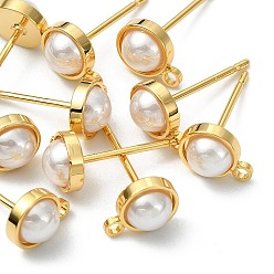 Real 18K Gold Plated SHEGRACE Brass ABS Imitation Pearl Half Round Stud Earring Findings, Cadmium Free & Nickel Free & Lead Free, with Loop, Real 18K Gold Plated, 8x6mm, Hole: 1.2mm