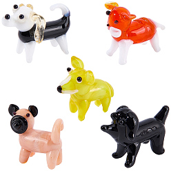 Color mezclado 5 piezas 5 estilos de decoraciones para exhibiciones en el hogar hechas a mano con lampwork de cachorros, 3 d perro de dibujos animados, color mezclado, 19~25.5x10~18x16~23 mm, 1 pc / estilo