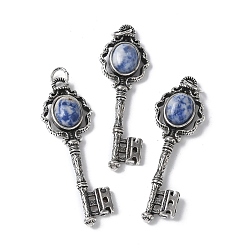 (306FM) Жонкиль матовый с лаймовой подкладкой Ключевые латунные подвески из натуральной голубой яшмы с пятнами, с целью перехода в кольце, античное серебро, 55.5x16.5x5~6.5 мм, отверстие : 4.5 мм