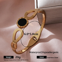 Flat Round 304 Stainless Steel Black Enamel Hinged Cuff Bangles for Women, Golden, Flat Round, Inner Diameter: 2.36 inch(6cm)