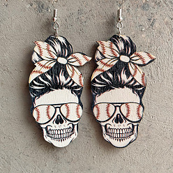 White Natural Wood Dangle Earrings, with Iron Earring Hooks, Skull with Spectacles, Platinum, White, 80mm