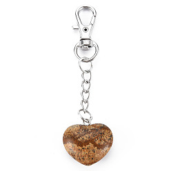 Picture Jasper Natural Picture Jasper Keychain, with Brass Lobster Claw Clasps and Iron Chains, Heart, Platinum, 80~86mm
