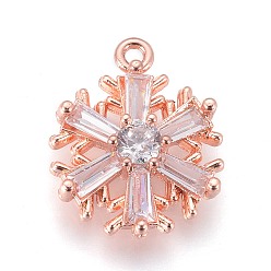 Розовое Золото Латуни циркония кубической подвески, долговечный, Рождественские снежинки, прозрачные, розовое золото , 17x13x4 мм, отверстие : 1.2 мм