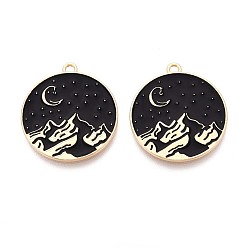 Черный Подвески из экологически чистого сплава с эмалью, без кадмия и без свинца и без никеля, плоский круглый с горой и луной, золотой свет, чёрные, 26.5x24x1.2 мм, отверстие : 1.6 мм