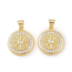 Настоящее золото 18K Латунные микропаве прозрачные подвески с фианитом, компас, долговечный, без кадмия и без свинца, стойки покрытие, с целью перехода в кольце, реальный 18 k позолоченный, 19x17x3.5 мм, отверстие : 5x3.5 мм