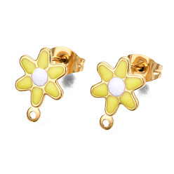 Желтый 304 фурнитура для серег с эмалью из нержавеющей стали., с петлей и ушными гайками / серьгами, цветок, желтые, 12.5x9 мм, отверстие : 1 мм, штифты : 0.8 мм