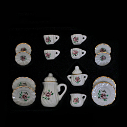 Flower Mini Porcelain Tea Set, including 2Pcs Teapots, 5Pcs Teacups, 8Pcs Dishes, for Dollhouse Accessories, Pretending Prop Decorations, Rose Pattern, 121x86x25mm, 15pcs/set
