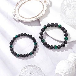 Тигровый глаз 2 шт. 2 цвета: натуральная лава и окрашенный зеленый тигровый глаз, наборы круглых тянущихся браслетов, парные браслеты для мужчин и женщин, внутренний диаметр: 2-3/8 дюйм (5.9 см) и 2-3/8 дюйм (6.1 см), 1 шт / стиль