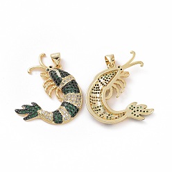 Зеленый Латунные микропаве прозрачные подвески с фианитом, без кадмия и без свинца, креветка, зелёные, 28x26.5x4 мм, отверстие : 3.5x5 мм