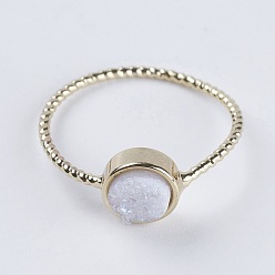 Rainbow Plated Natural Druzy Agate Finger Rings, with Brass Findings, Flat Round, Size 5, Light Gold, Rainbow Plated, 15.5mm