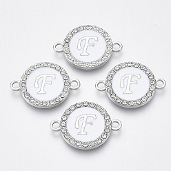 Letter F Verbindungsstücke aus Aluminium, mit Kristall Strass, flach rund mit Brief, Silberfarbe überzogen, Buchstabe f, 22x16x2 mm, Bohrung: 1.8 mm