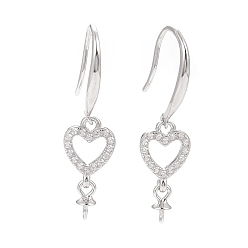 Platinum Anti-Tarnish Rhodium Plated 925 Sterling Silver Earring Hooks, with Clear Cubic Zirconia, Heart, for Half Drilled Beads, Platinum, 30mm, 21 Gauge, Pin: 0.7mm and 0.6mm, Tray: 6x3mm
