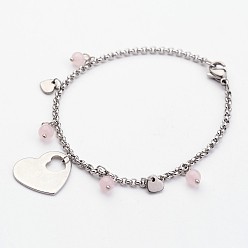 Нержавеющая Сталь Цвет 304 Браслеты из нержавеющей стали, с натуральным розовым кварцем и сердца подвески, цвет нержавеющей стали, 7-1/4 дюйм (185 мм)