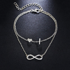 Letter I Браслеты на лодыжку из сплава с подвеской в виде сердца-бесконечности и инициалом, двухслойные, женские., платина, Буква "i", 7-1/2 дюйм (190 мм)