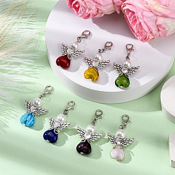 (52) Непрозрачная лаванда Стеклянный кулон в виде сердца ангела, с цинковым сплавом застежками омаров коготь, разноцветные, 43 мм, 7 шт / комплект