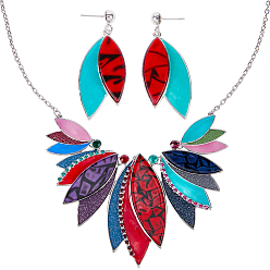 Разноцветный Ожерелье из сплава листьев с подвеской из искусственной кожи и серьга-гвоздик, платина, красочный, 425 мм