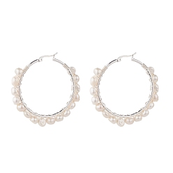 Белый Женские серьги-кольца из бисера с натуральным жемчугом, серебряные, белые, 52x55x8 мм, штифты : 0.8 мм
