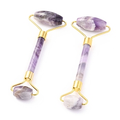 Amethyst Natural Amethyst Brass Face Massager, Facial Rollers, Golden, 142~150x54~58x19~22mm