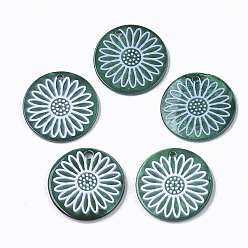 Sea Green Spray Paint Freshwater Shell Pendants, Printed, Flat Round with Daisy Flower, Sea Green, 19.5~20.5x2~3mm, Hole: 1.4~1.8mm