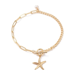 Golden Anklets, with Natural Pearl Beads, Brass Curb Chains & Paperclip Chains, 304 Stainless Steel Toggle Clasps & Pendants, Starfish, Golden, 9-5/8 inch(24.5cm)