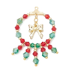 Светло-зеленый Подвески из стеклянных бусин ручной работы на рождественскую тематику, рождественский венок подвески, с бантом из сплава и 304 кольцом из нержавеющей стали, граненые, светло-зеленый, 43.5x28.5x4.5 мм, отверстие : 1 мм