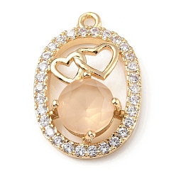 Crystal Honey Brass with K9 Glass & Rhinestone Pendants, Light Gold, Oval with Heart Charms, Crystal Honey, 23x15x5.5mm, Hole: 1.5mm