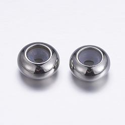 Stainless Steel Color 304 Surgical Stainless Steel Beads, with Rubber Inside, Slider Beads, Rondelle, Stainless Steel Color, 8.5x4.5mm, Rubber Hole: 2mm