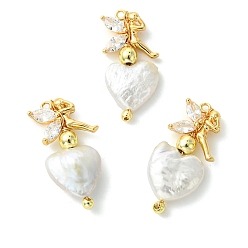 Белый Подвески в форме сердца с микропаве из латуни в виде кубического циркония, выполненные в технике микропаве., с натуральным жемчугом кеши и гальванизированными немагнитными бусинами из синтетического гематита., золотые, сердце с волшебными подвесками, белые, 25~26x12x4~6 мм, отверстие : 1.2 мм