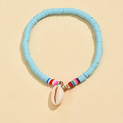 Бледно-бирюзовый Богемные браслеты ручной работы из полимерной глины hwishi с бусинами эластичные браслеты на ногу, с натуральными ракушками каури и металлическими подвесками в виде кокосовой пальмы, золотые, бледные бирюзовая, внутренний диаметр: 2-1/2 дюйм (65 мм)