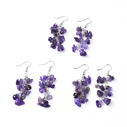 Amethyst Dangle Earrings, Cluster Earrings, with Natural Amethyst Chips and Platinum Plated Brass Earring Hooks, 60~63mm, Pin: 0.5mm