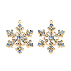 Sapphire 304 Stainless Steel Rhinestone Pendants, Snowflake Charms, Ion Plating(IP), Real 18K Gold Plated, Sapphire, 29x23x4mm, Hole: 1.8mm
