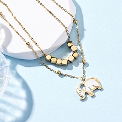 Настоящее золото 18K 304 подвеска из нержавеющей стали с натуральным белым ракушечным узором в виде слона, двухслойное ожерелье, ионное покрытие (ip), реальный 18 k позолоченный, 15.28 дюйм (38.8 см) в длину + 58 удлинитель мм