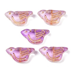 Орхидея Гальванопокрытие и стеклянные бусины с золотым металлическим плетением, птица, сиреневые, 10x19.5x7 мм, отверстие : 1 мм