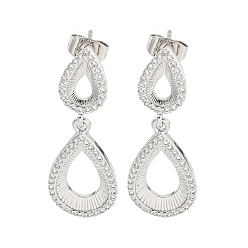 Платина Серьги-гвоздики с подвесками из латуни в форме каплевидного паве с прозрачным фианитом, платина, 32x12 мм