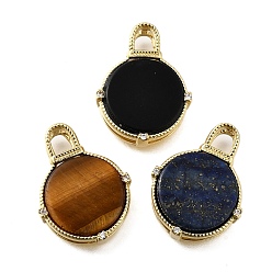 Настоящее золото 18K Латунные микро проложить кубического циркония подвески, с лазуритом/желтым тигровым глазом/черным агатом, плоские круглые прелести, без свинца и без кадмия, стойки покрытие, долговечный, реальный 18 k позолоченный, 20x15.5x5 мм, отверстие : 4x3 мм