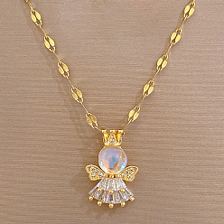 Золотой 304 ожерелья с подвеской в виде ангела-короны из нержавеющей стали с микропаве из прозрачных кубических цирконий, золотые, 15.75 дюйм (40 см)