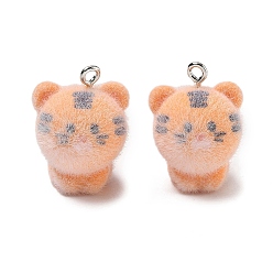 Тигр Флокированные подвески из непрозрачной смолы, с платиновыми тоновыми железными петлями, очарование животных, оранжевые, тигр, 23x17x17 мм, отверстие : 2 мм