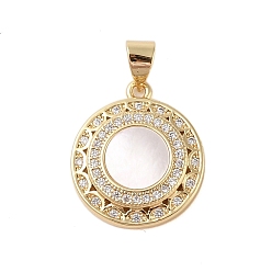 Real 18K Gold Plated Brass Micro Pave Clear Cubic Zirconia Pendants, with Shell, Flat Round, Cadmium Free & Lead Free, Real 18K Gold Plated, 18.5x16.5x3mm, Hole: 4x3.5mm