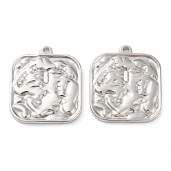 Stainless Steel Color Non-Tarnish 304 Stainless Steel Pendants, Textured, Square Charm, Stainless Steel Color, 24x21.5x2.5mm, Hole: 1.6mm