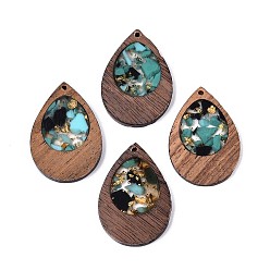 Темно-бирюзовый Кулон из дерева и смолы, золотой фольгой, слезинки, темные бирюзовый, 38x25.5x3 мм, отверстие : 2 мм