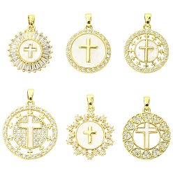 Real 18K Gold Plated 6Pcs 6 Styles Brass Micro Pave Cubic Zirconia Pendants, Cross, Real 18K Gold Plated, 21~24.5x18~22x2~3mm, Hole: 2.3~2.7x4.2~5mm, 1pc/style