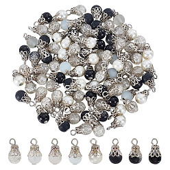 Разноцветный 100 шт. Стеклянные подвески, круглые, с платиновыми железными колпачками бусин и петлей с плоскими головками, разноцветные, 16x8.5 мм, отверстие : 2.5 мм