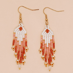 Оранжевый Серьги-кисточки из бисера ручной работы из богемного стекла, золотые, оранжевые, 75x20 мм