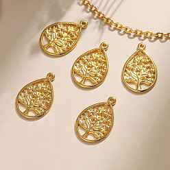 Настоящее золото 18K 304 подвески из нержавеющей стали, Полая слезинка с амулетом «Древо жизни», реальный 18 k позолоченный, 25.5x16.5x1.5 мм, отверстие : 1.4 мм