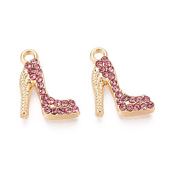 Розовый Подвески из сплава и страза, туфли на высоких каблуках, золотые, светло-розовый, 18x13x3 мм, отверстие : 2 мм