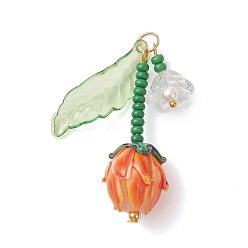 Оранжевый Подвески из акрила и бусин ручной работы, изготовленных методом лэмпворк., подвески в виде цветка тюльпана, оранжевые, 40x26~28x13 мм, отверстие : 5 мм