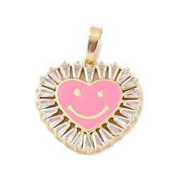 Pearl Pink Rack Plating Brass Micro Pave Clear Cubic Zirconia Pendants, with Enamel, Long-Lasting Plated, Lead Free & Cadmium Free, Real 18K Gold Plated, Heart with Smile, Pearl Pink, 20x19x2.5mm, Hole: 6.5x3.5mm