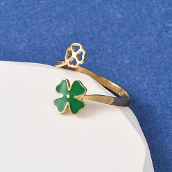 Золотой 304 открытые кольца манжеты из нержавеющей стали, клевер, с эмалью, без кадмия и без свинца и без никеля, золотые, 17.5 мм, размер США 9 (18.9 мм)