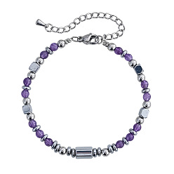 Аметист Браслеты из натурального аметиста и бусин из нержавеющей стали для женщин, круглый и дисковый, 6.50 дюйм (16.5 см) ~ 6.69 дюйм (17 см)